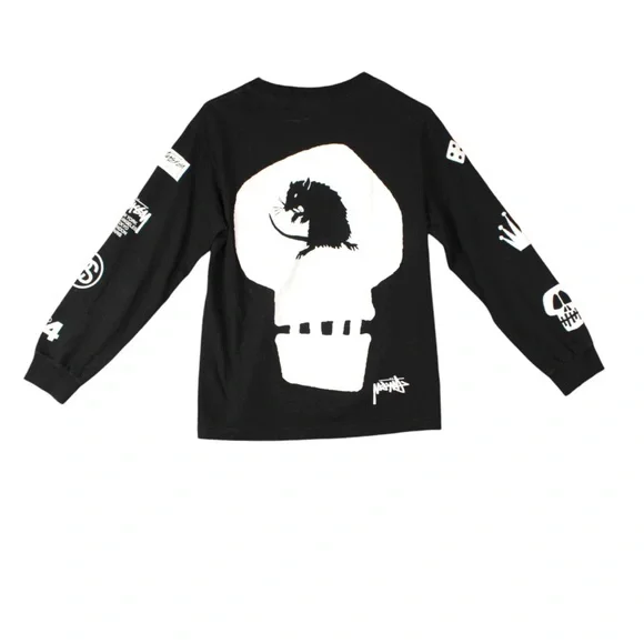 Vintage 90s Stussy Black Long Sleeve Graphic T Shirt Mens Size S Skull Logo